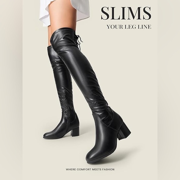 Black Over-the-Knee Boots low short block heel - Picture 1 of 7